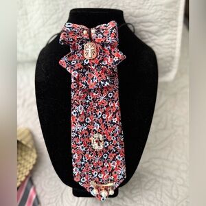 Silk Floral Tie Necklace Cross & Pearl Pins